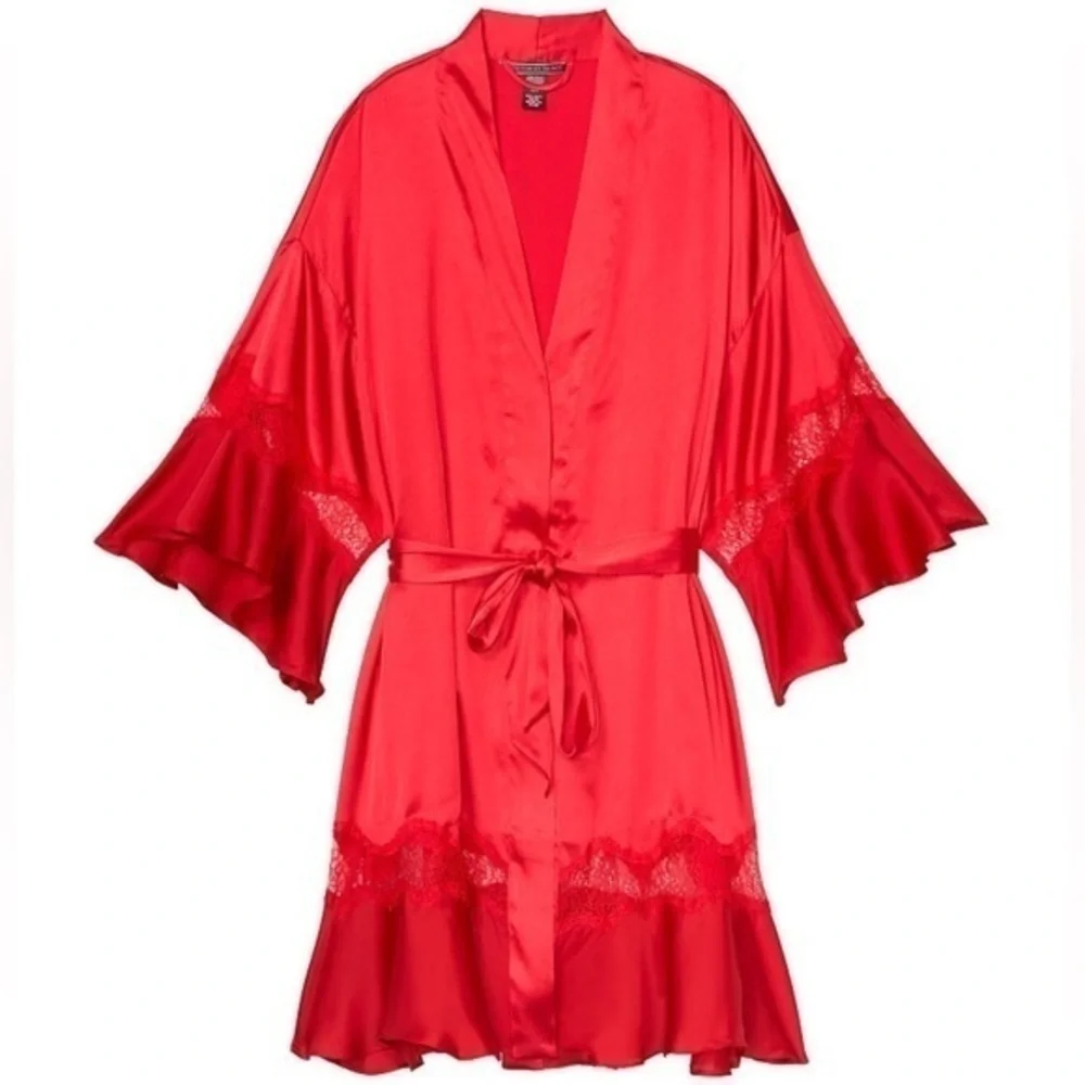 Rare Victorias Secret Red Satin Ruffle Flounce Bell Sleeves Kimono Robe XS/S